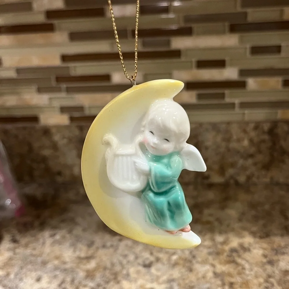 Vintage 1986 Angel sitting in Moon Christmas Ornament